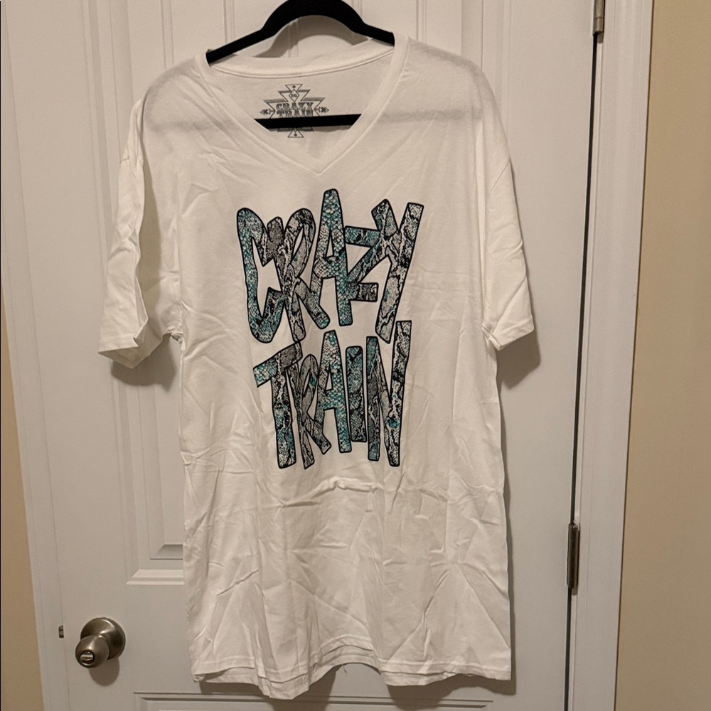 Crazy Train White Tee with‎ Blue Graphic